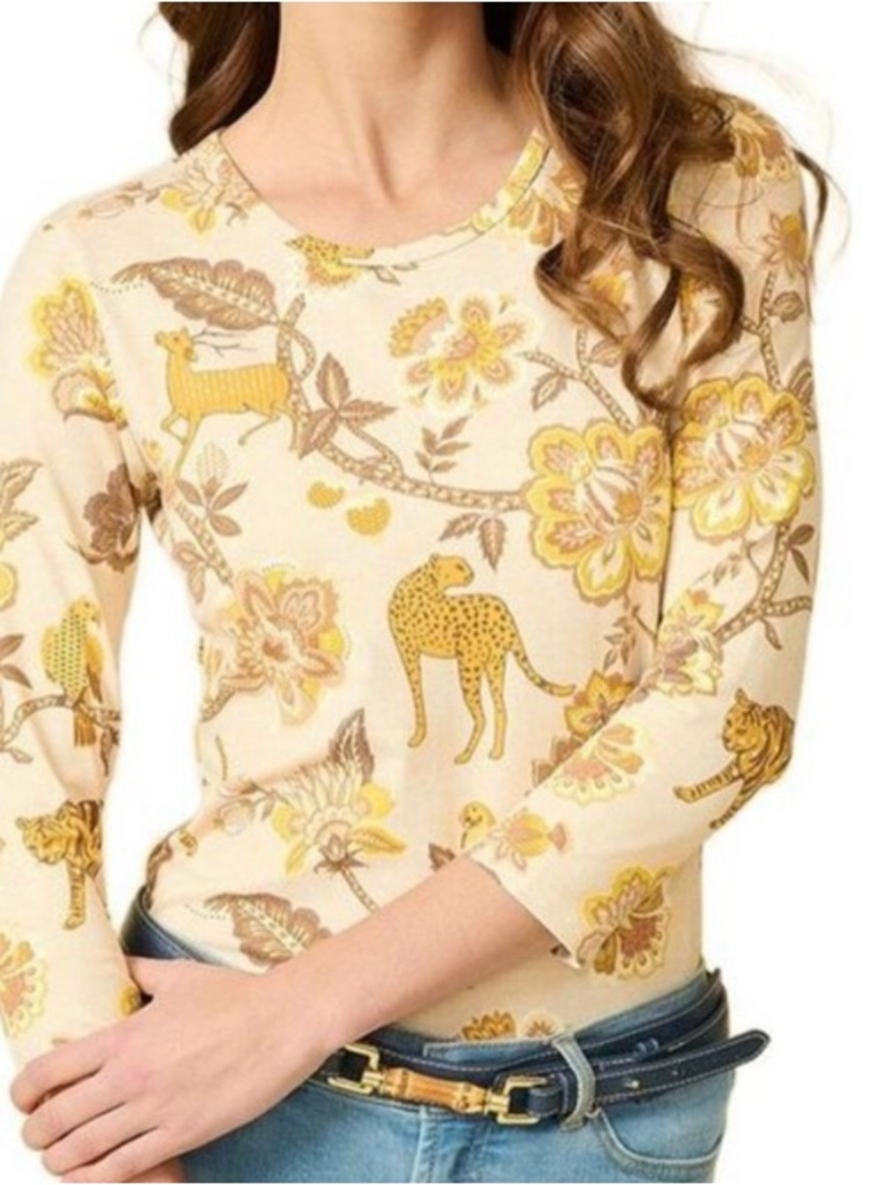 J McLaughlin Signature Tee Top Women L Catalina Cloth Animal Jungle Print Preppy